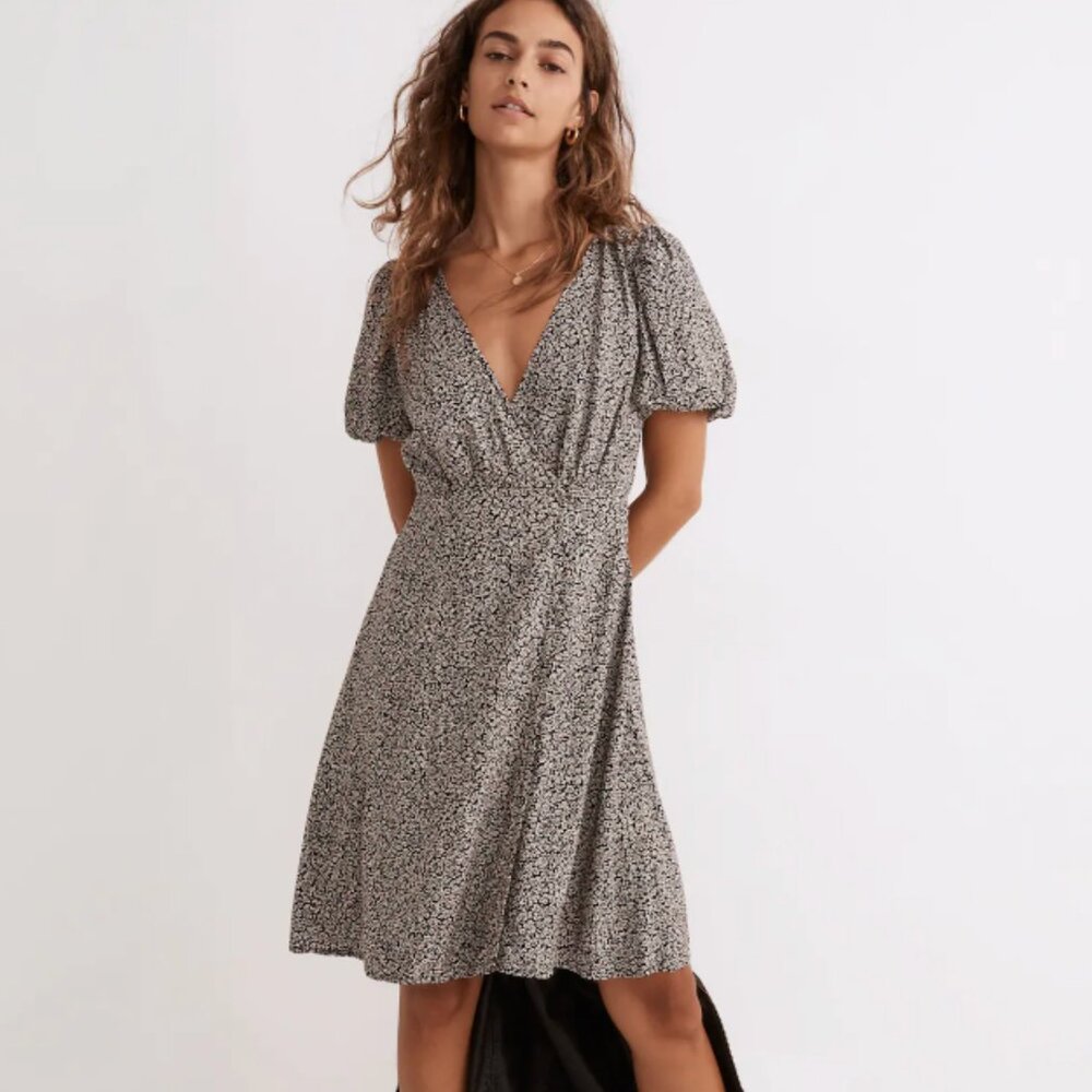 Madewell Floral Puff Sleeve Wrap Dress Size‎ 2 Black White Mini
